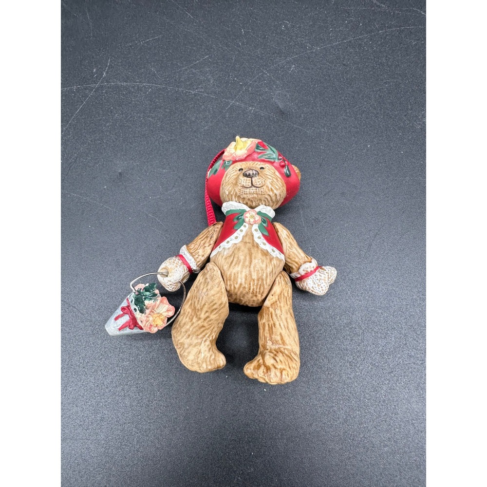 Hallmark Gift Bears Christmas Ornament 2003 Brown Bear Red Floral Hat 3"